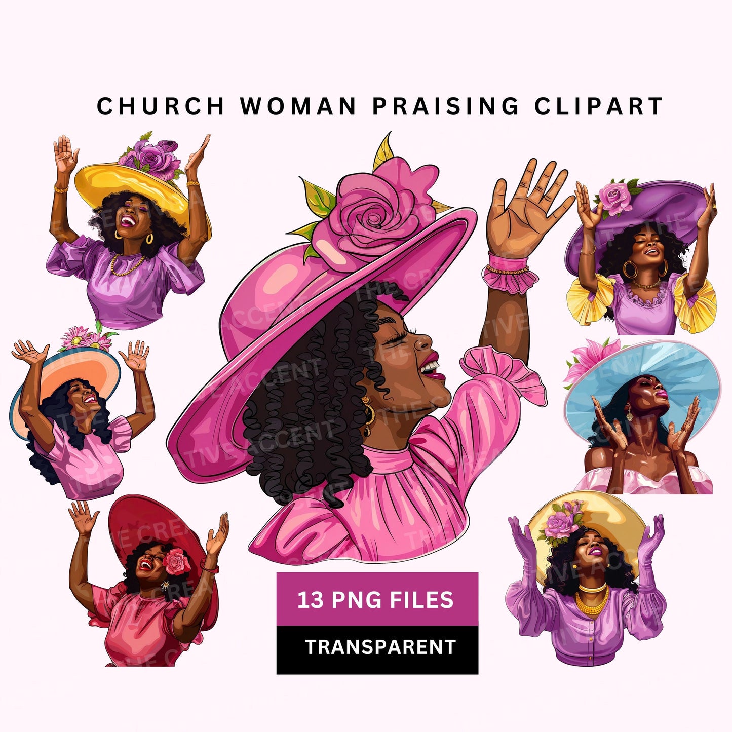Church Woman Praising Clipart, 13 PNG, Black Church Girl in Praise Prayer, Religious Sisters praying, flower hat, faith lord, Gospel Singer