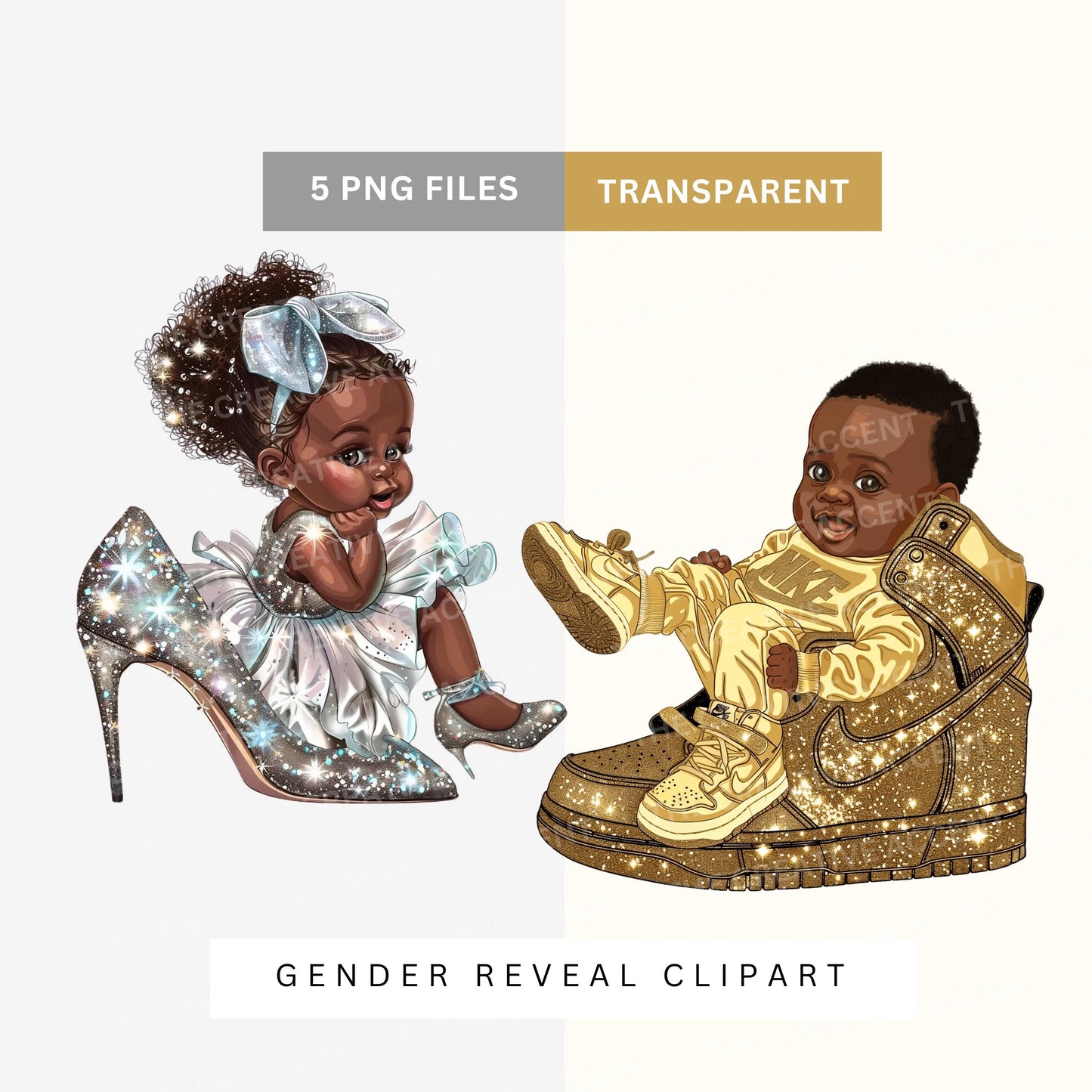 Silver and Gold Gender Reveal Clipart, Black Babies, 5 PNG, Black Baby Shower Theme