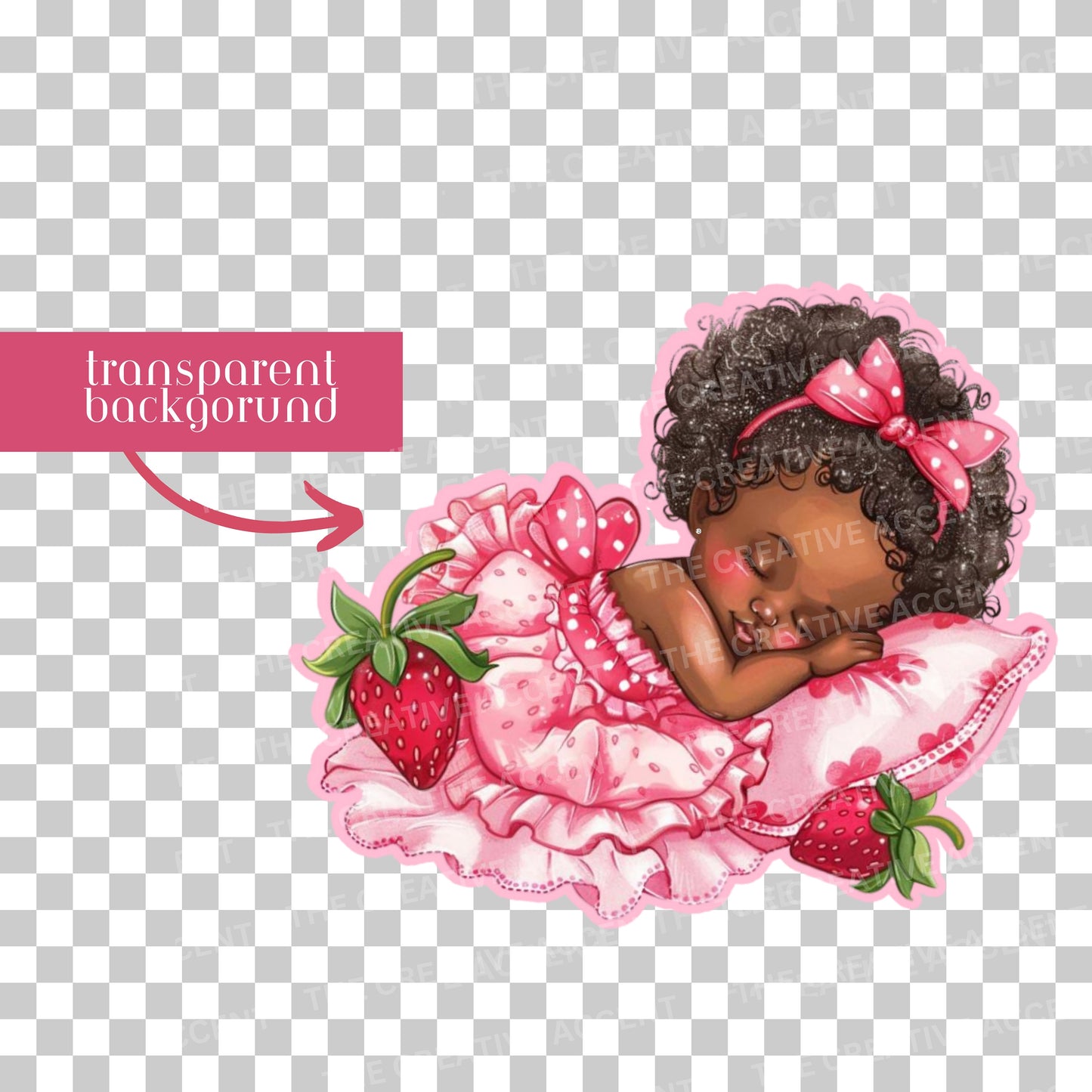 Strawberry Girl Sleeping Clipart, Black Baby Shower, 1 PNG, Berry Sweet, Strawberry cake Theme, Pink, Red, Watercolor Illustration