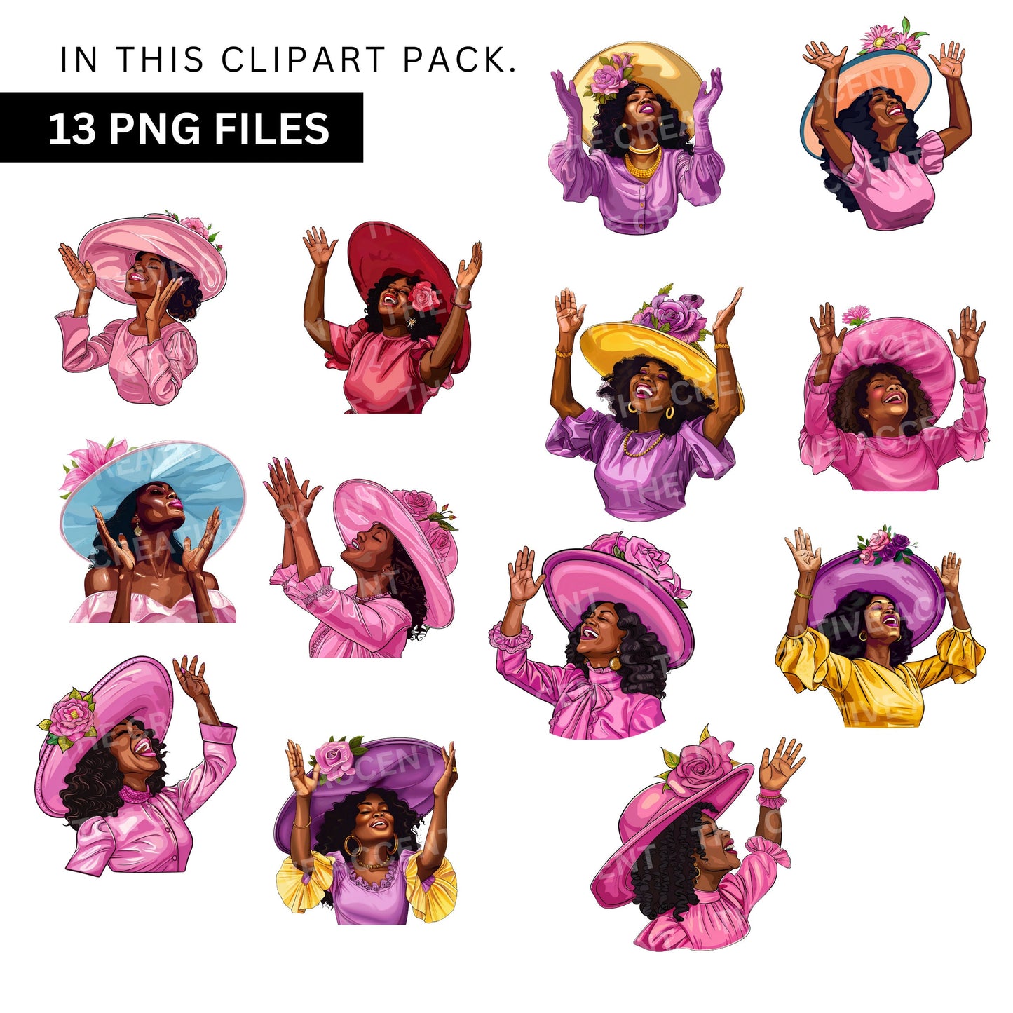 Church Woman Praising Clipart, 13 PNG, Black Church Girl in Praise Prayer, Religious Sisters praying, flower hat, faith lord, Gospel Singer