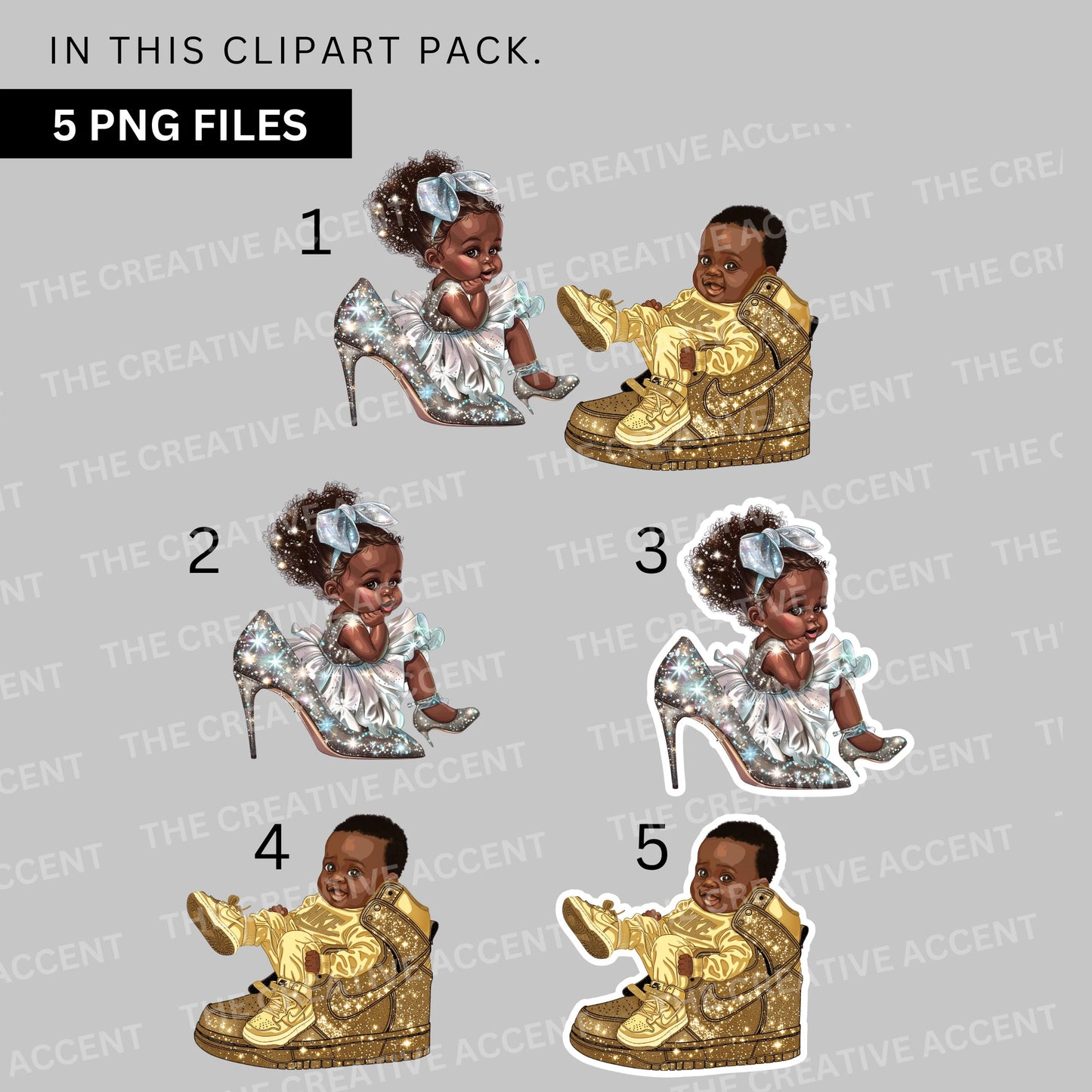 Silver and Gold Gender Reveal Clipart, Black Babies, 5 PNG, Black Baby Shower Theme