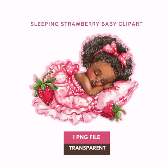 Strawberry Girl Sleeping Clipart, Black Baby Shower, 1 PNG, Berry Sweet, Strawberry cake Theme, Pink, Red, Watercolor Illustration
