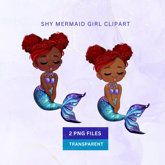 Little Black Mermaid Clipart, 2 PNG, Red Afro Girl PNG, Kids Baby Sea Birthday, Toddler, Ariel Pool Party, The Ocean Beach Theme, Swimming