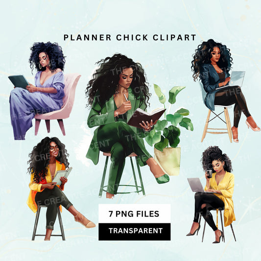 Planner Girl Clipart, 7 PNG, Black Business Women, Office Entrepreneur Illustration, Boss Woman Journaling