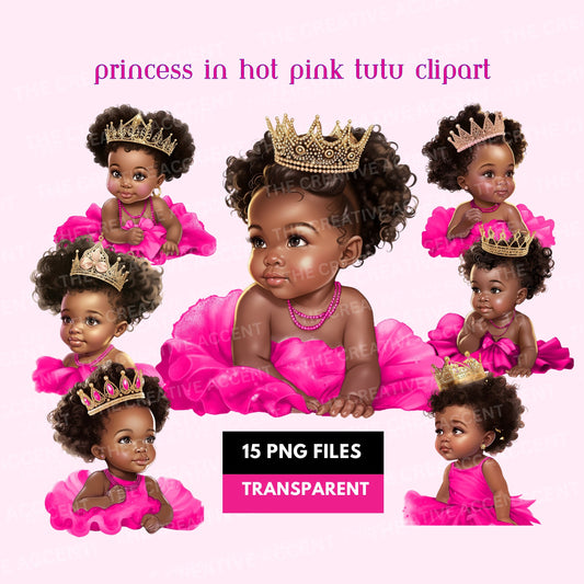 Black Baby Girl Princess in Hot Pink Tutu Clipart, 15 PNG, Baby Shower Illustration, African-American Infant with Gold Crown, Afro Toddler