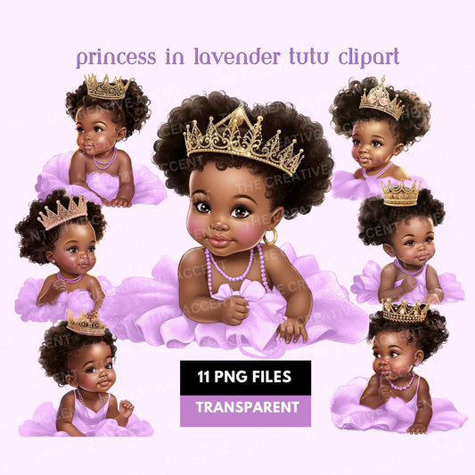 Black Baby Girl in Light Purple Tutu Dress Clipart, 11 PNG, Lavender Tulle Theme Clipart, Little Toddler, Ballerina Baby Shower Illustration