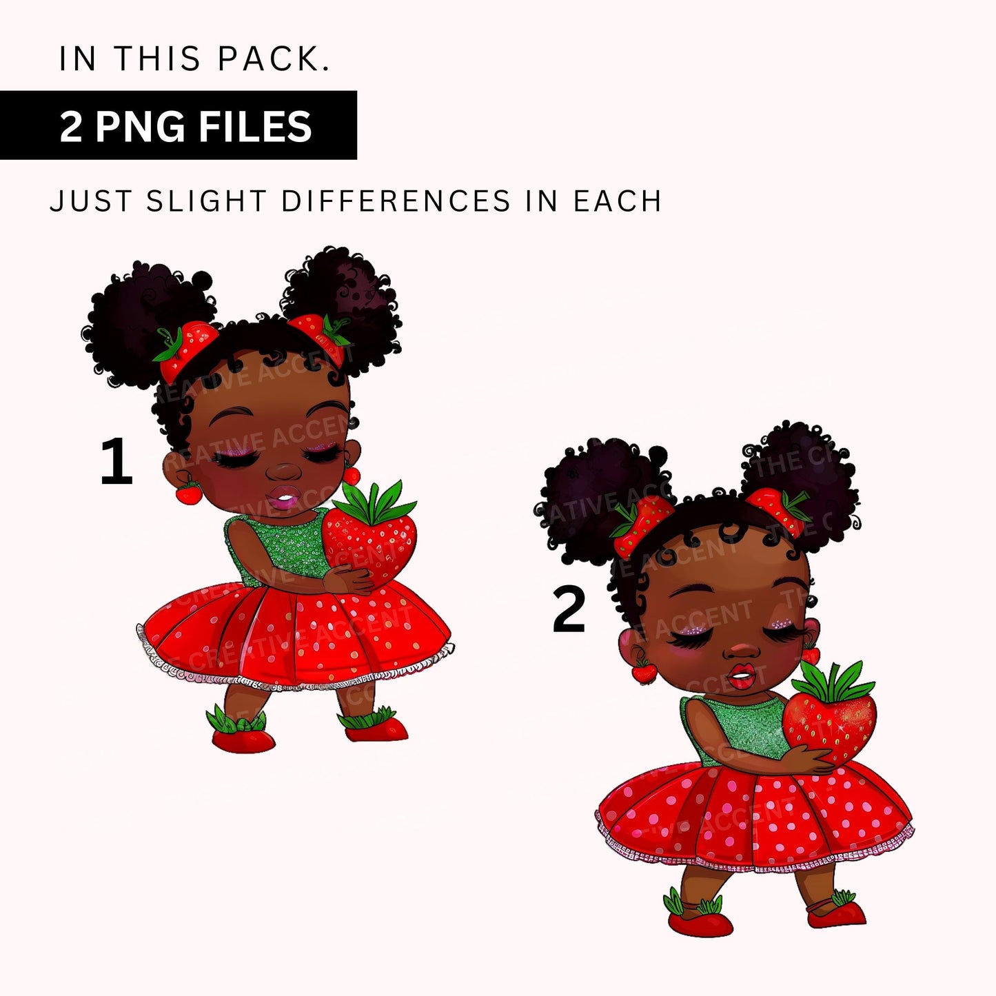 Shy Strawberry Baby Girl Clipart, 9 PNG, Afro Black Strawberry Shortcake Holding a Strawberry Theme, Red and Green, Berry Sweet Baby Shower