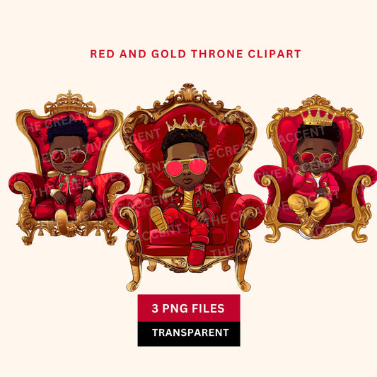Little Prince in Red and Gold on a Throne Clipart, 3 PNG, Cool Black Baby Boy Kid King Shower, Sitting on French Royal Throne, Sunglasses