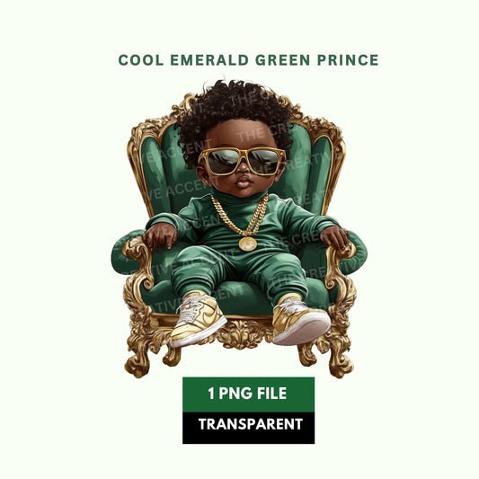 Cool Emerald Green Prince Clipart, 1 PNG, Black Baby Boy Sitting on French Royal Gold Throne, Kid King Royal Shower, Velvet, Sunglasses