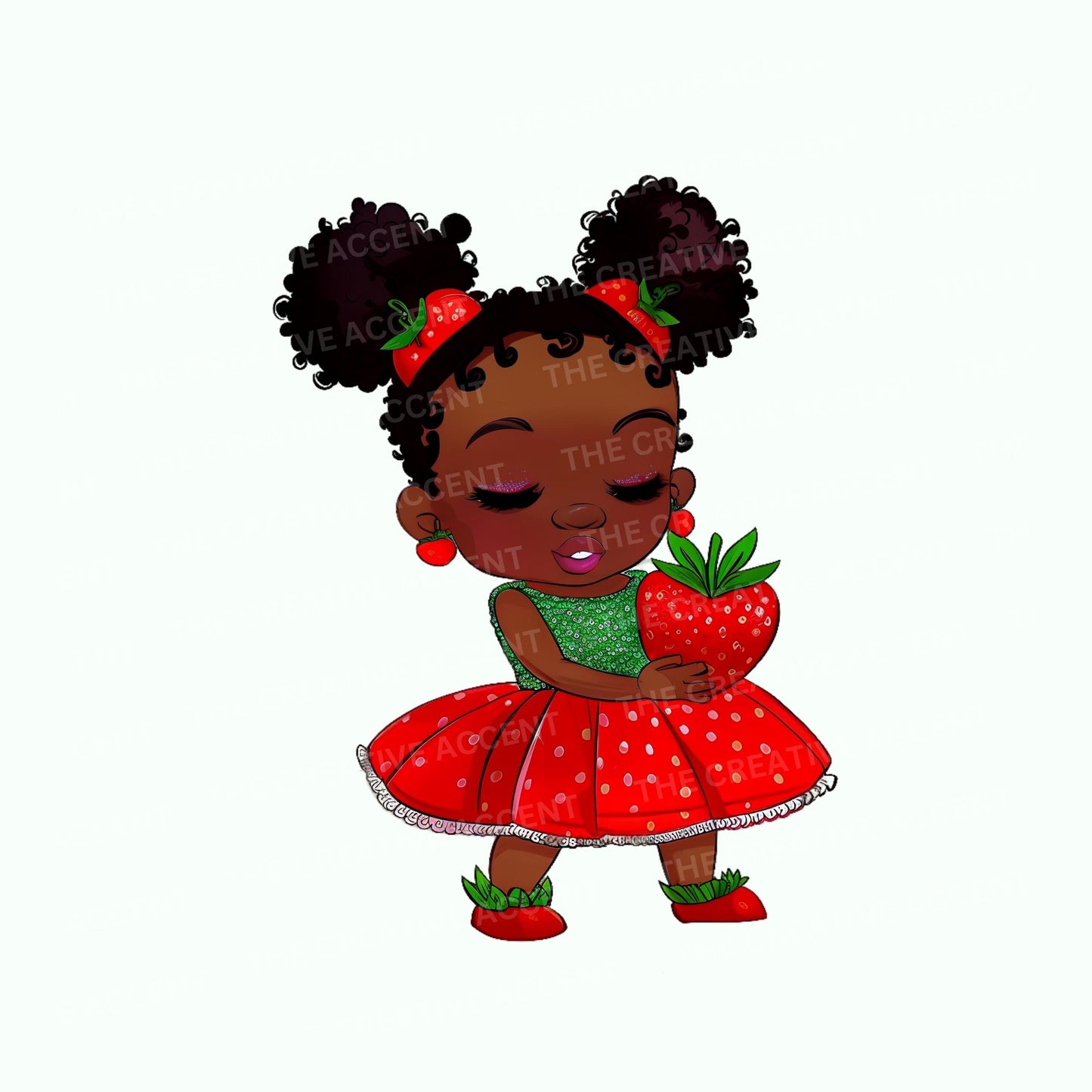 Shy Strawberry Baby Girl Clipart, 9 PNG, Afro Black Strawberry Shortcake Holding a Strawberry Theme, Red and Green, Berry Sweet Baby Shower