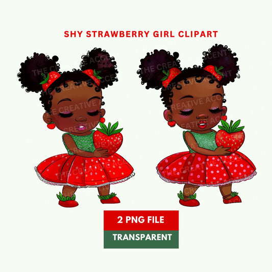 Shy Strawberry Baby Girl Clipart, 9 PNG, Afro Black Strawberry Shortcake Holding a Strawberry Theme, Red and Green, Berry Sweet Baby Shower