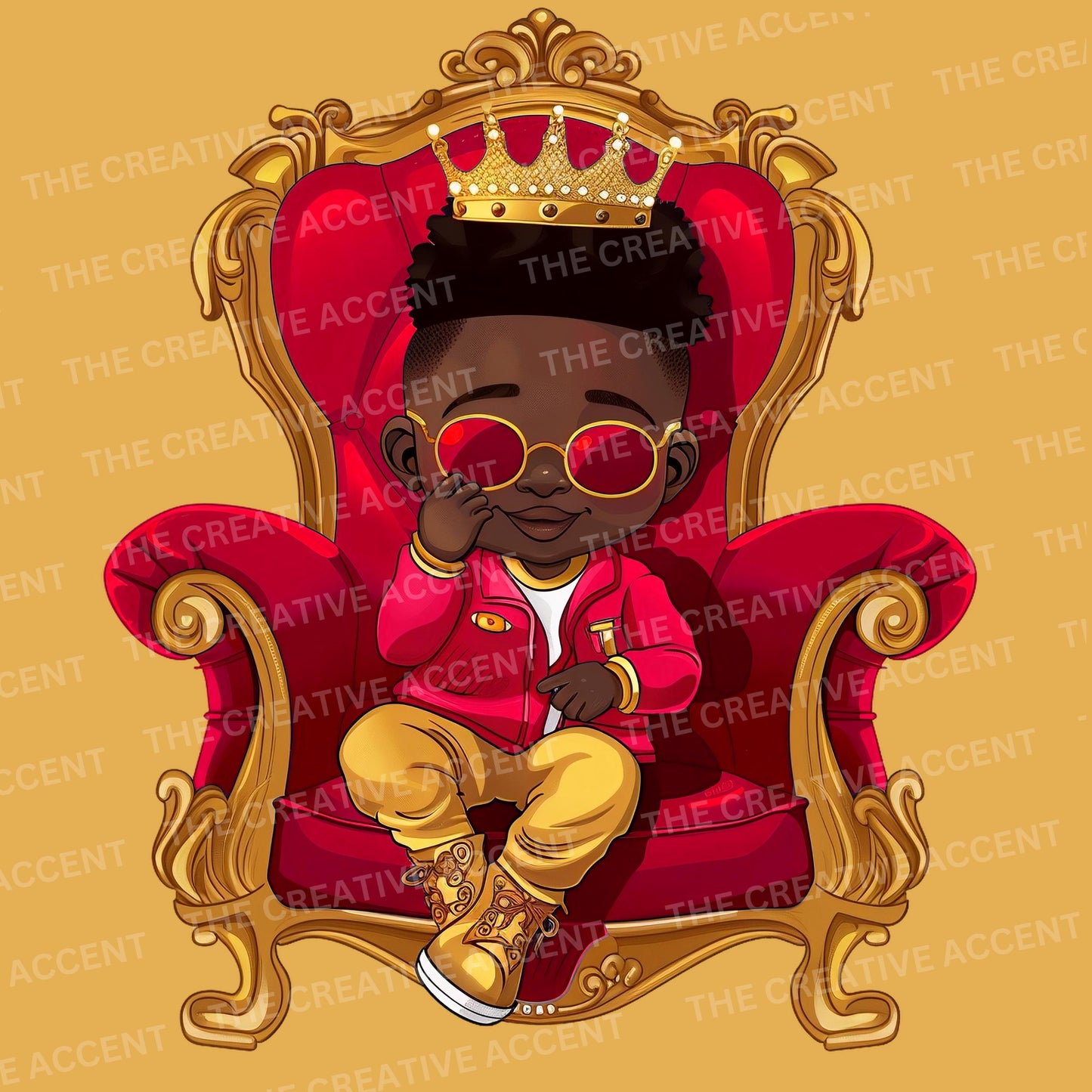 Little Prince in Red and Gold on a Throne Clipart, 3 PNG, Cool Black Baby Boy Kid King Shower, Sitting on French Royal Throne, Sunglasses