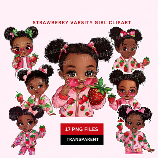 Strawberry Baby Girl in Varsity Jacket Clipart, 17 PNG, Megabundle, Black Strawberry Theme, Short Baby Shower, Berry First Birthday