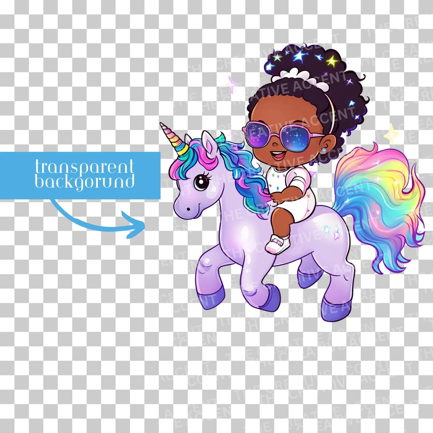 Black Unicorn Girl Clipart, 5 PNG, Pastel Fairytale Party