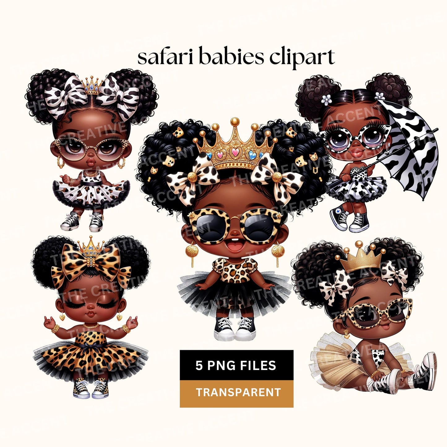 Black Safari Baby Girl Princess Clipart, 5 PNG, Little Animal Print, Cheetah, Leopard Cow Baby Shower, Bows, Wild One Jungle Birthday Decor