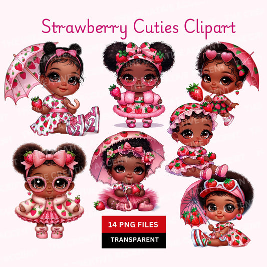 Strawberry Black Baby Clipart, PNG, Little Girl Cutie Berry Sweet One, Berries Shortcake Theme, Pink, Red Green, Cute, Baby Shower