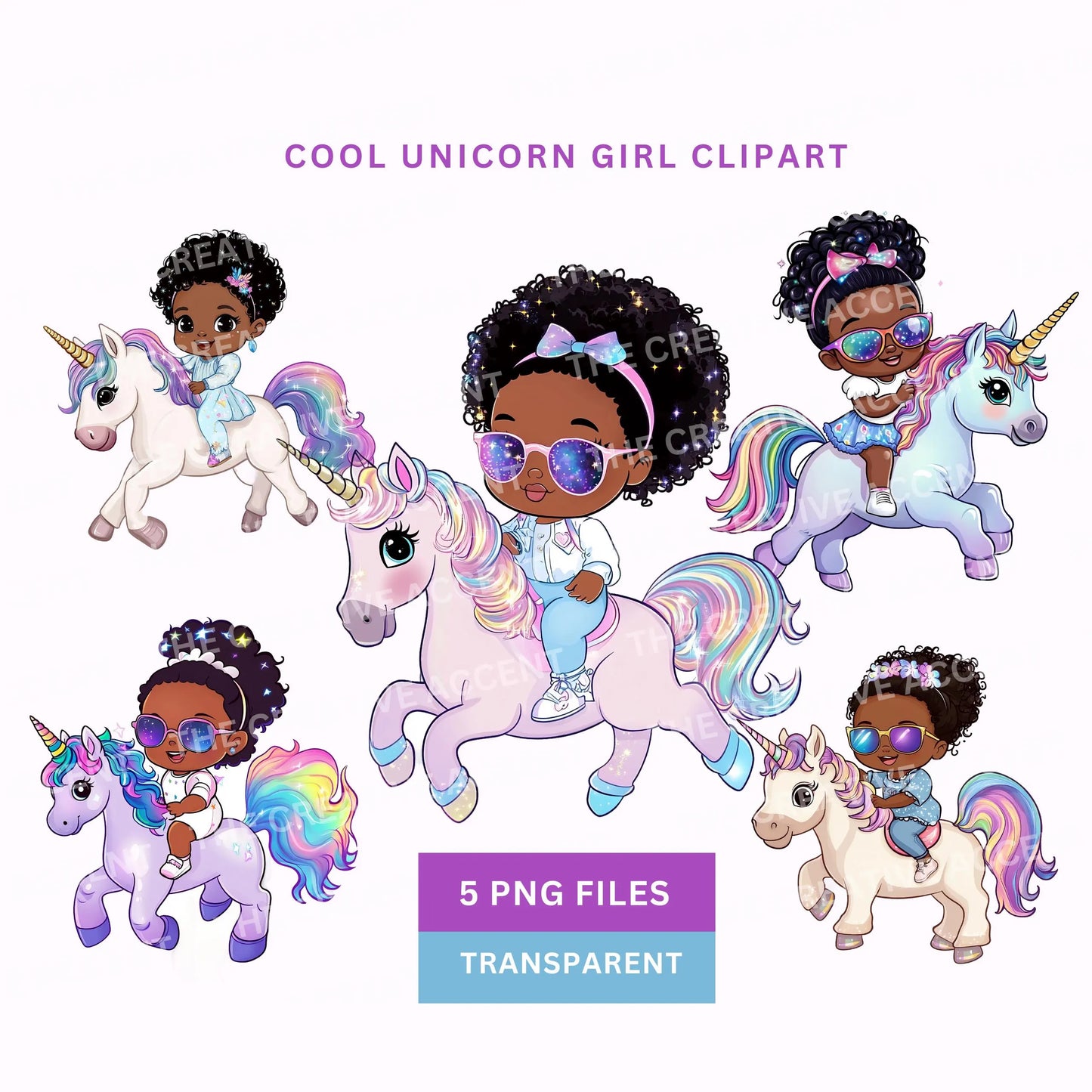Black Unicorn Girl Clipart, 5 PNG, Pastel Fairytale Party