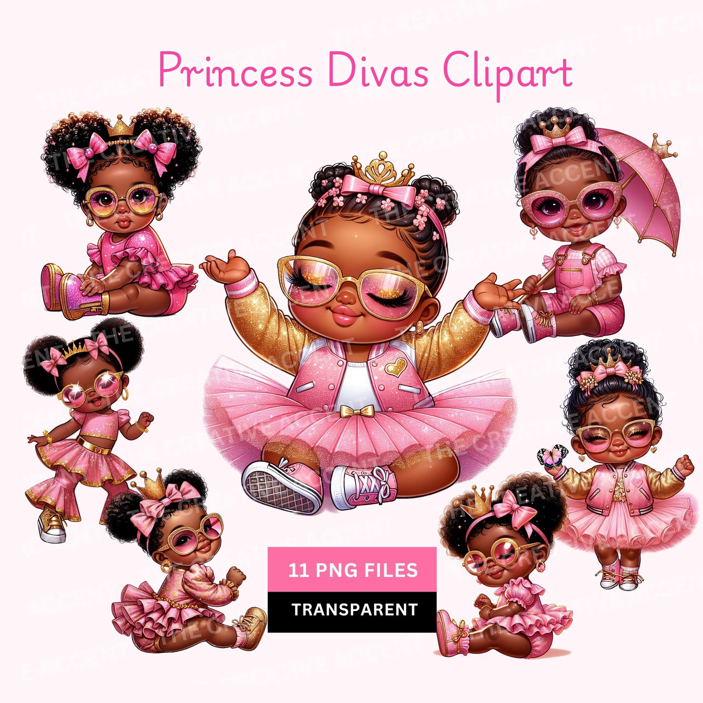 Black Baby Princess in Pink Clipart, 11 PNG, Girl Baby Shower clipart, Little Girl with Crown, Tiara and tutu, Sassy Diva Shades Theme, Afro