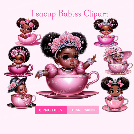 Black Teacup Baby Clipart, 9 PNG, Princess Sitting in a Teacup, Girl High Tea Church Party Theme Shower, Vintage, Pearls Birthday Vibes