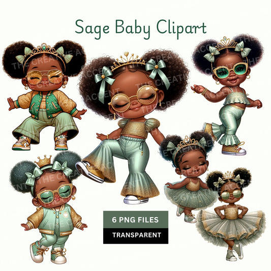 Black Baby Girl in Sage Clipart, PNG, Light Green and Gold Baby Shower, Little Princess Diva with Tiara and tutu, Funny Theme, Sunglasses