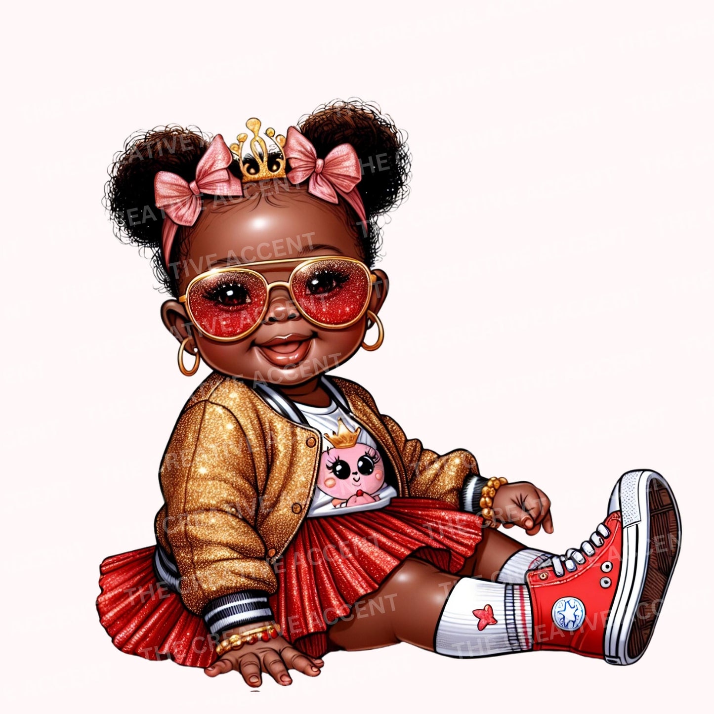 Baby Girl in Red and Gold, Black Princess Clipart, PNG, Diva Glitter Baby Shower clipart, Little Girl with Crown, Tiara, Christmas Theme