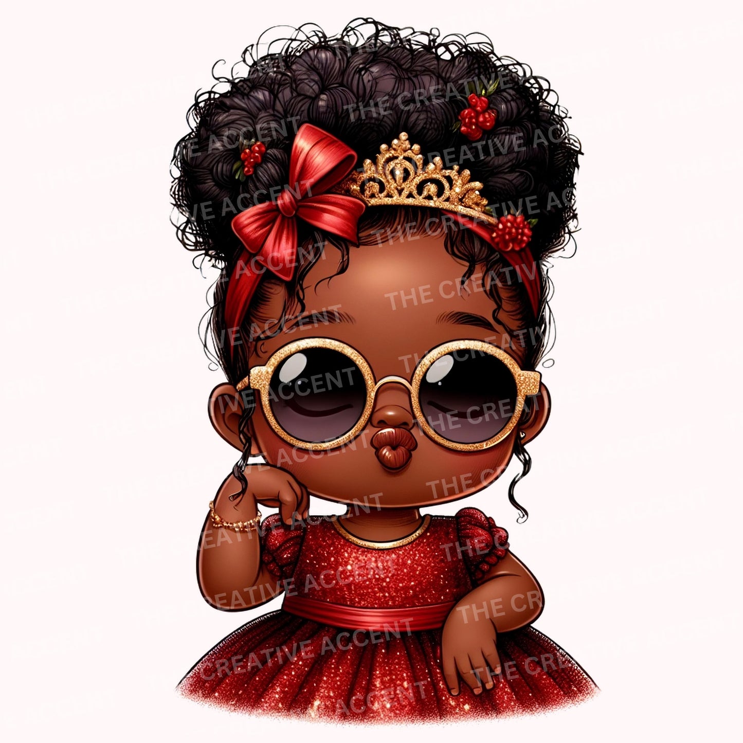 Baby Girl in Red and Gold, Black Princess Clipart, PNG, Diva Glitter Baby Shower clipart, Little Girl with Crown, Tiara, Christmas Theme
