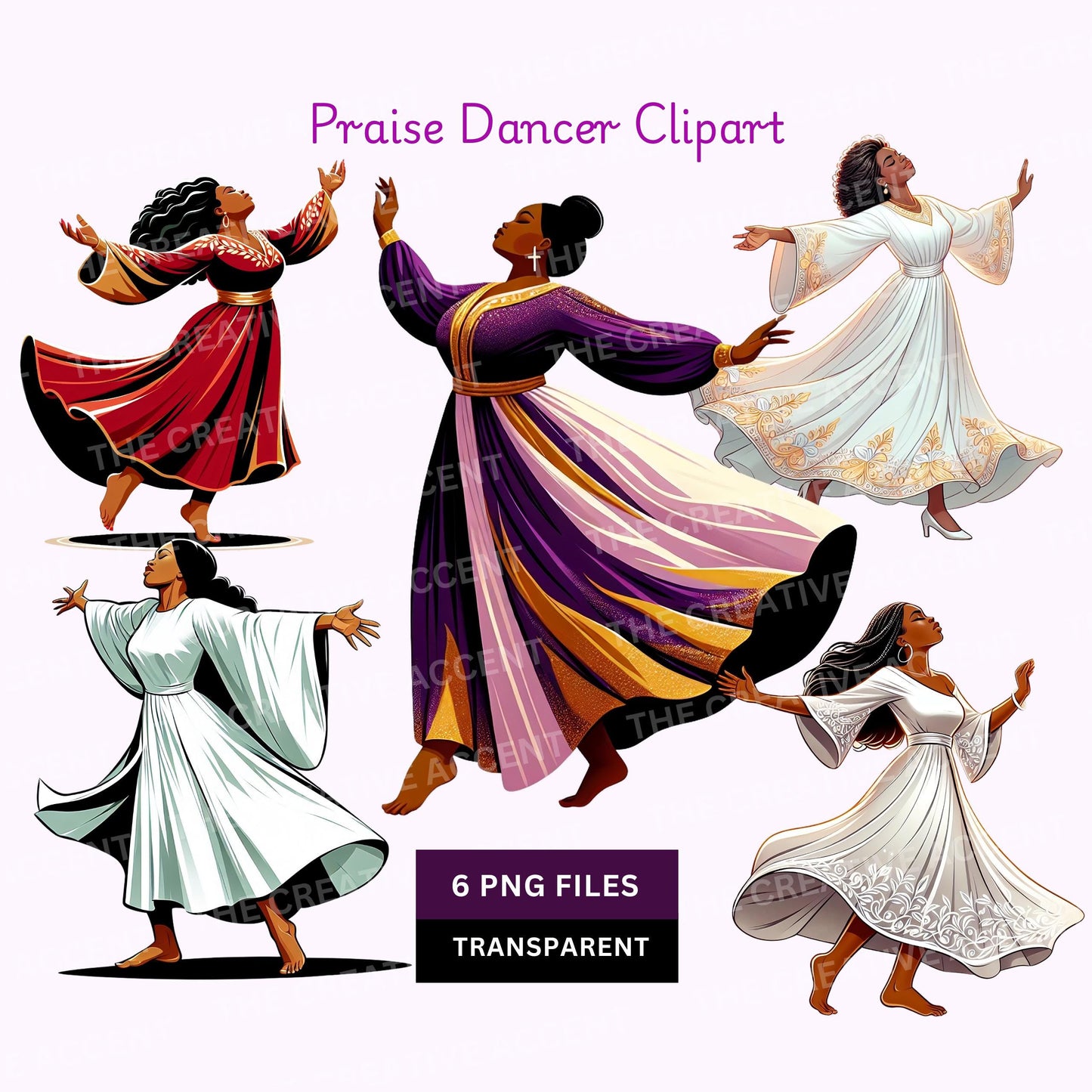 Praise Dancer Clipart, 6 PNG, Black Women Gospel Dress Dancing, Liturgical Dance Show, Church Performance, Worship Flyer, Faith art, Praying