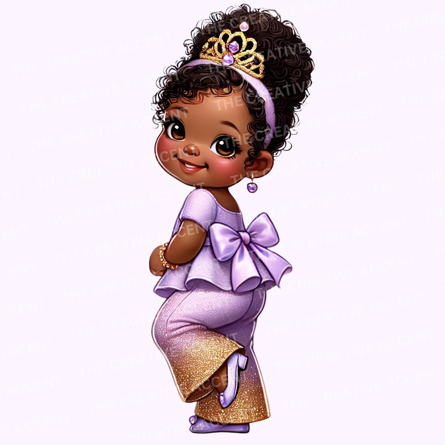 Black Baby Girl Princess in Purple Clipart, 14 PNG,  Gold Tutu Dress, Light Lavender Little Infant in Glitter Ruffles, Cool Baby Shower
