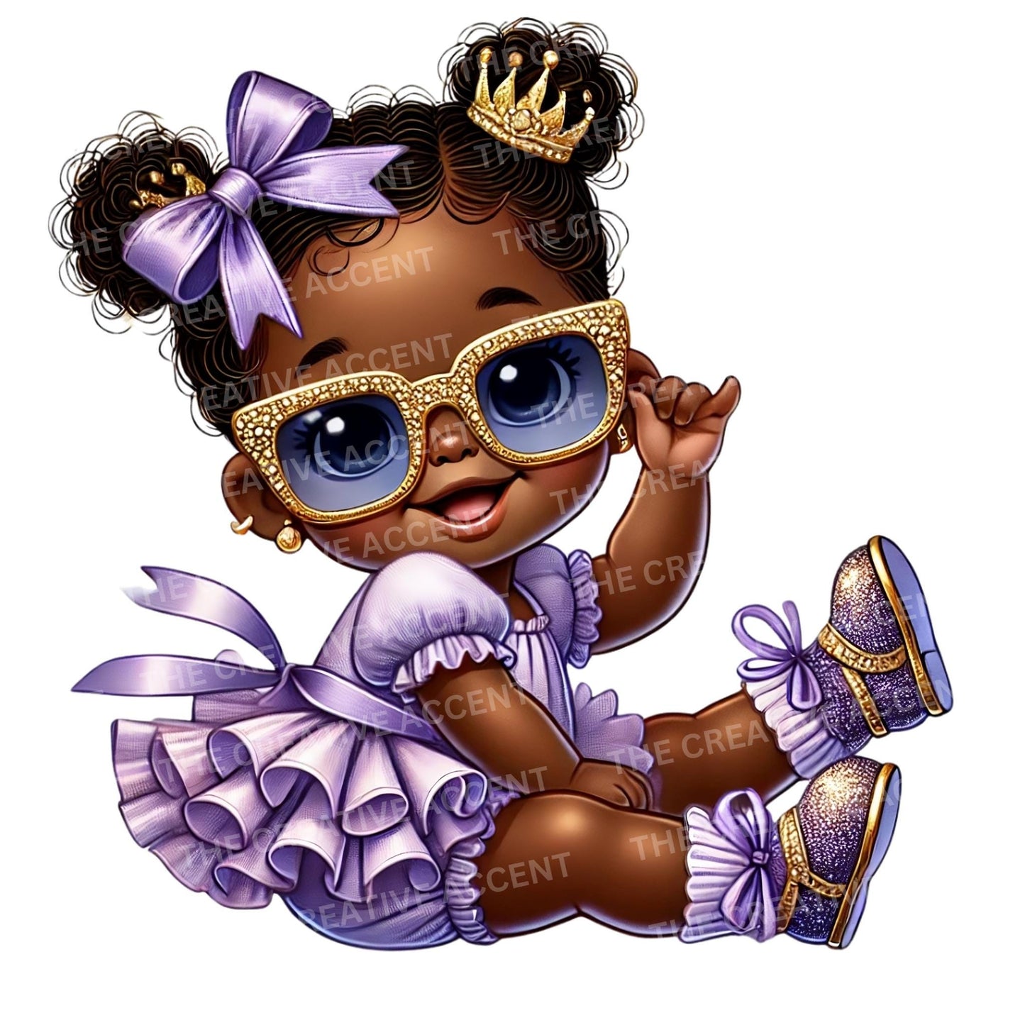 Black Baby Girl Princess in Purple Clipart, 14 PNG,  Gold Tutu Dress, Light Lavender Little Infant in Glitter Ruffles, Cool Baby Shower
