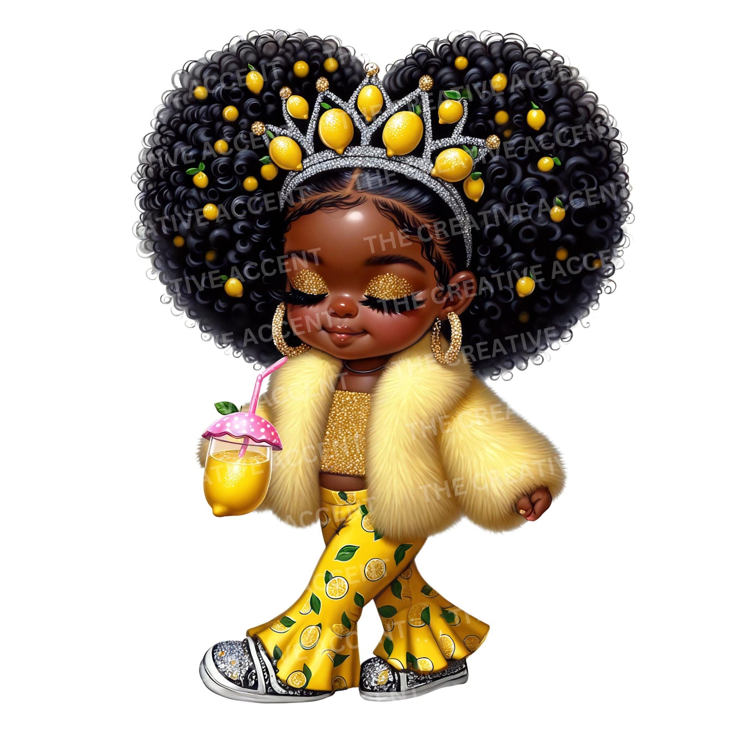 Lemonade Baby Girl Clipart, 14 PNG, Little Black Girl in Lemon Print Outfit Theme, Yellow, Green, Summer Squeeze, Baby Shower Stand Ideas