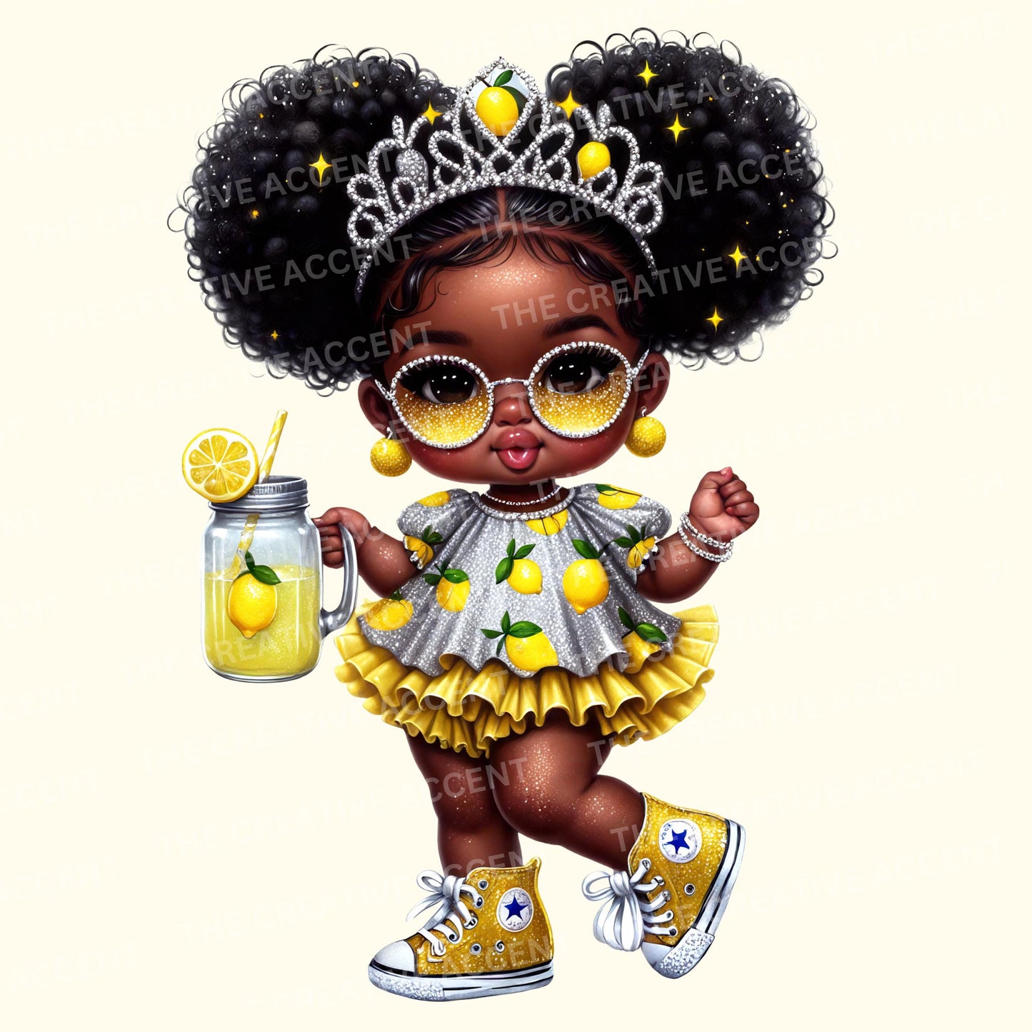 Lemonade Baby Girl Clipart, 14 PNG, Little Black Girl in Lemon Print Outfit Theme, Yellow, Green, Summer Squeeze, Baby Shower Stand Ideas