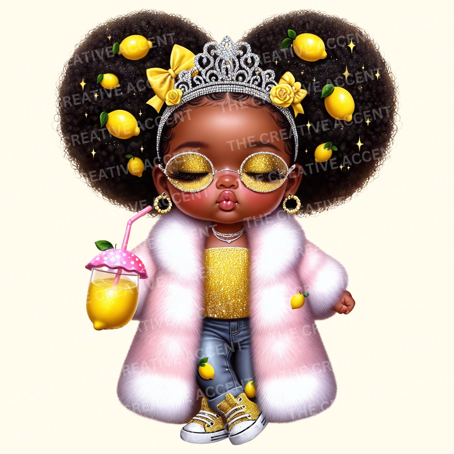 Lemonade Baby Girl Clipart, 14 PNG, Little Black Girl in Lemon Print Outfit Theme, Yellow, Green, Summer Squeeze, Baby Shower Stand Ideas