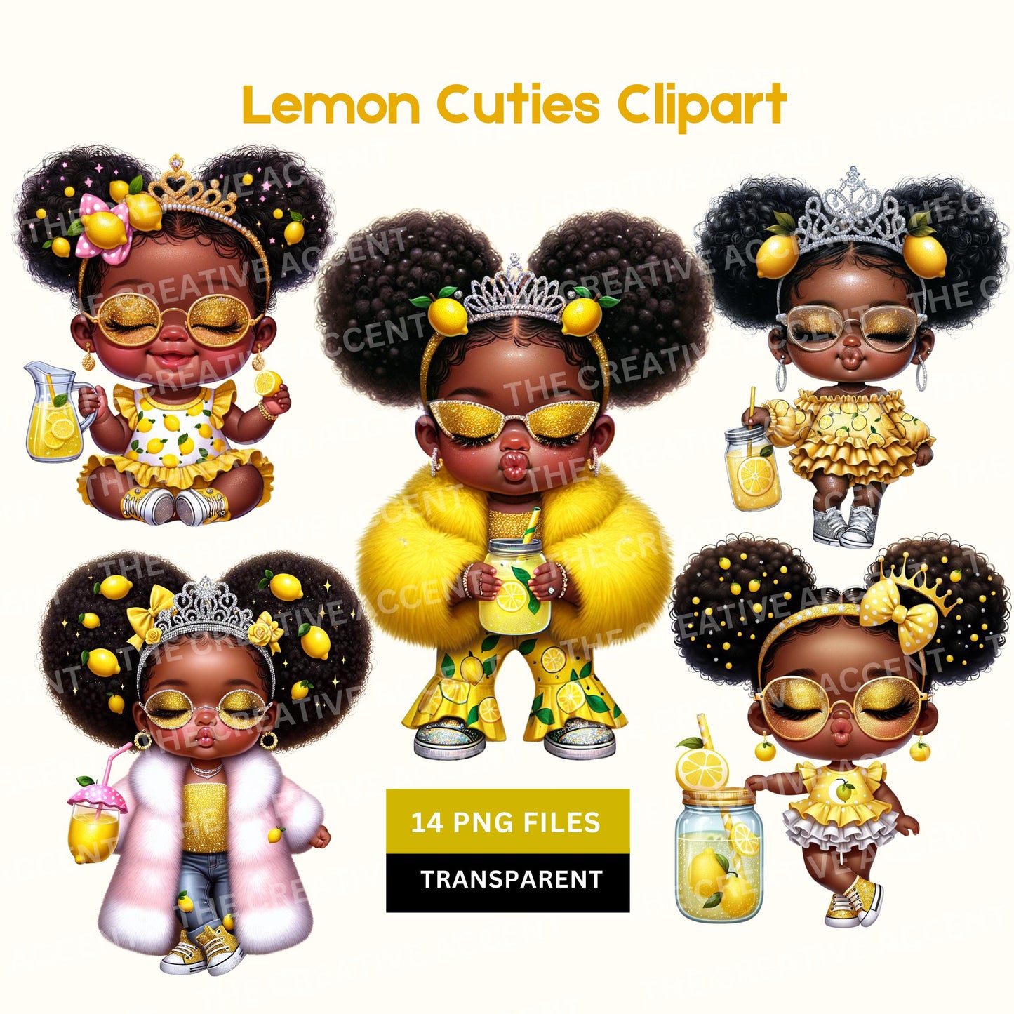 Lemonade Baby Girl Clipart, 14 PNG, Little Black Girl in Lemon Print Outfit Theme, Yellow, Green, Summer Squeeze, Baby Shower Stand Ideas