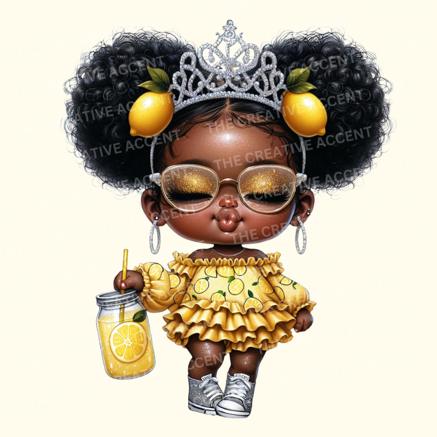 Lemonade Baby Girl Clipart, 14 PNG, Little Black Girl in Lemon Print Outfit Theme, Yellow, Green, Summer Squeeze, Baby Shower Stand Ideas