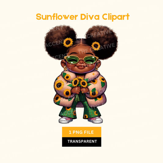 Sunflower Diva Baby Clipart, 1 PNG, Little Black Girl, Yellow, Flower Theme, Funny Humor Blooming Baby Shower, First Birthday Green and Pink