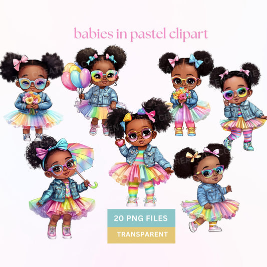 Pastel Tutu Baby Girl Clipart, 20 PNG, Black Baby in Tutu, Retro Neon Colorful Princess Cartoon, baby shower pastel theme, Chibi Denim Jean