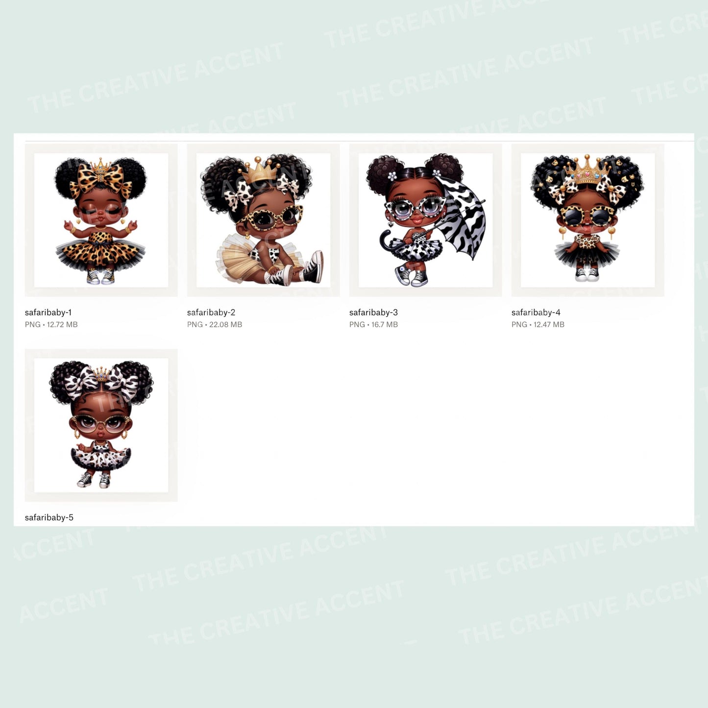 Black Safari Baby Girl Princess Clipart, 5 PNG, Little Animal Print, Cheetah, Leopard Cow Baby Shower, Bows, Wild One Jungle Birthday Decor