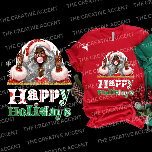 Black Girl Christmas T-Shirt File, 1 PNG Xmas Design, Funny Happy Holidays, Female Woman Santa with santa hat, Cool, Red, Winter Sublimation