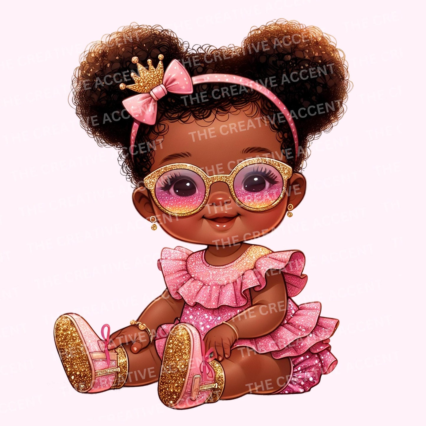 Black Baby Princess in Pink Clipart, 11 PNG, Girl Baby Shower clipart, Little Girl with Crown, Tiara and tutu, Sassy Diva Shades Theme, Afro