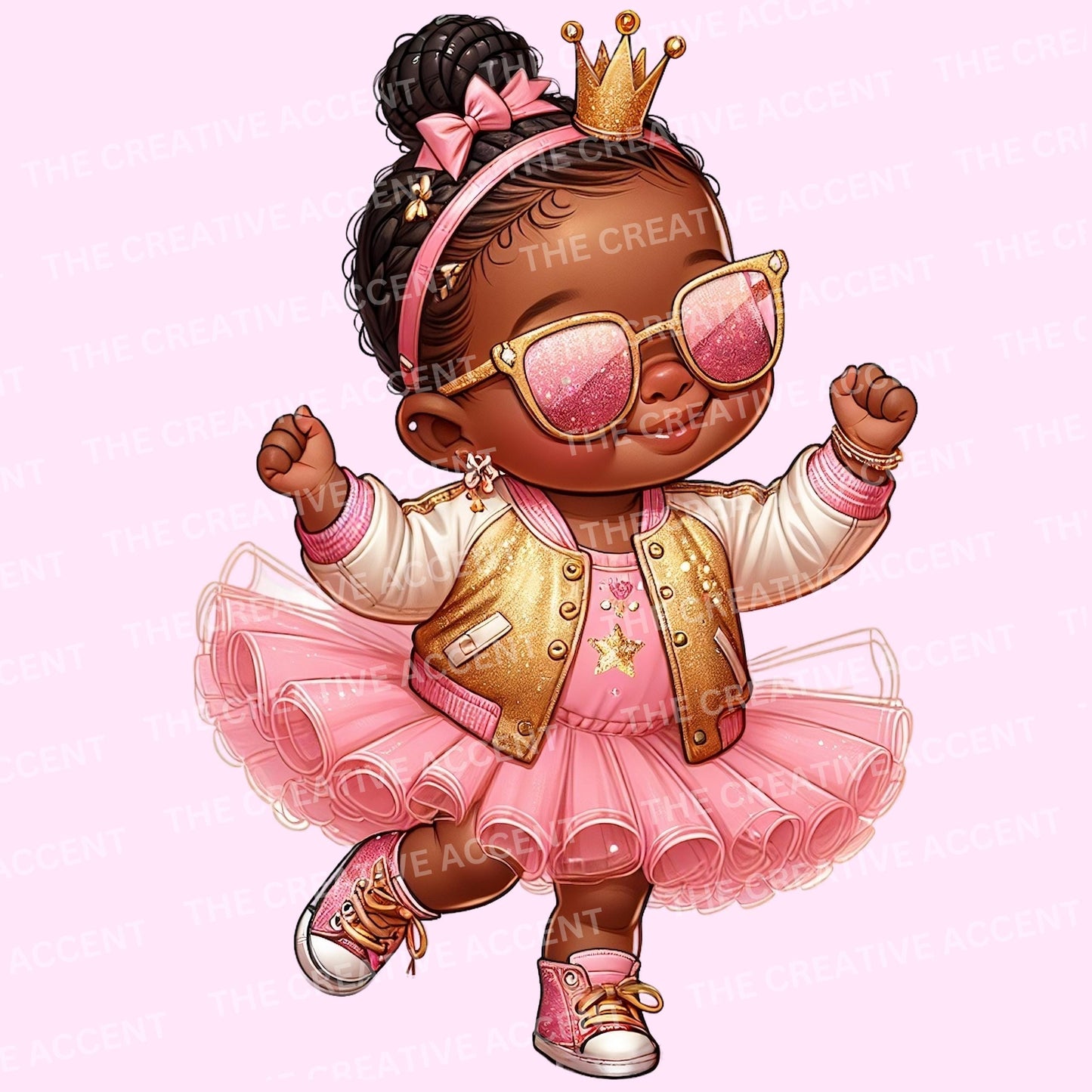 Black Baby Princess in Pink Clipart, 11 PNG, Girl Baby Shower clipart, Little Girl with Crown, Tiara and tutu, Sassy Diva Shades Theme, Afro