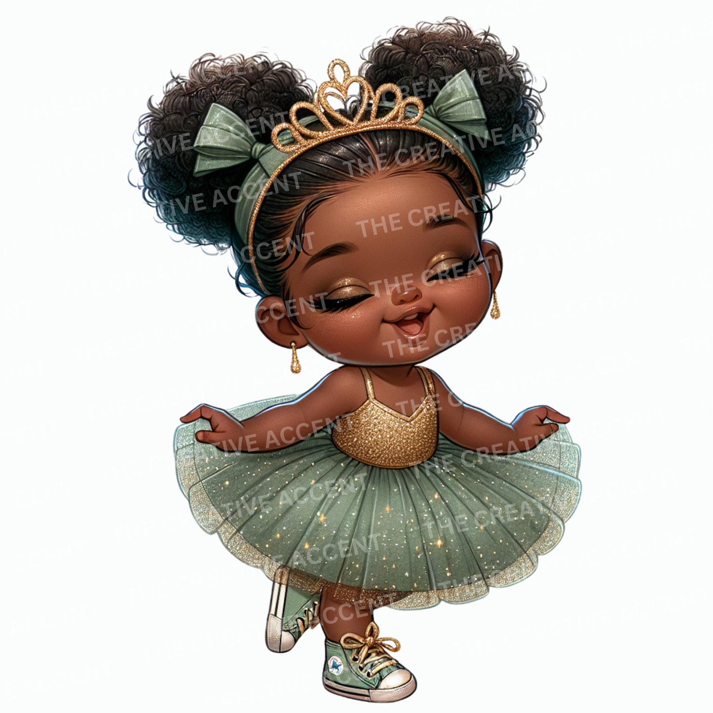 Black Baby Girl in Sage Clipart, PNG, Light Green and Gold Baby Shower, Little Princess Diva with Tiara and tutu, Funny Theme, Sunglasses