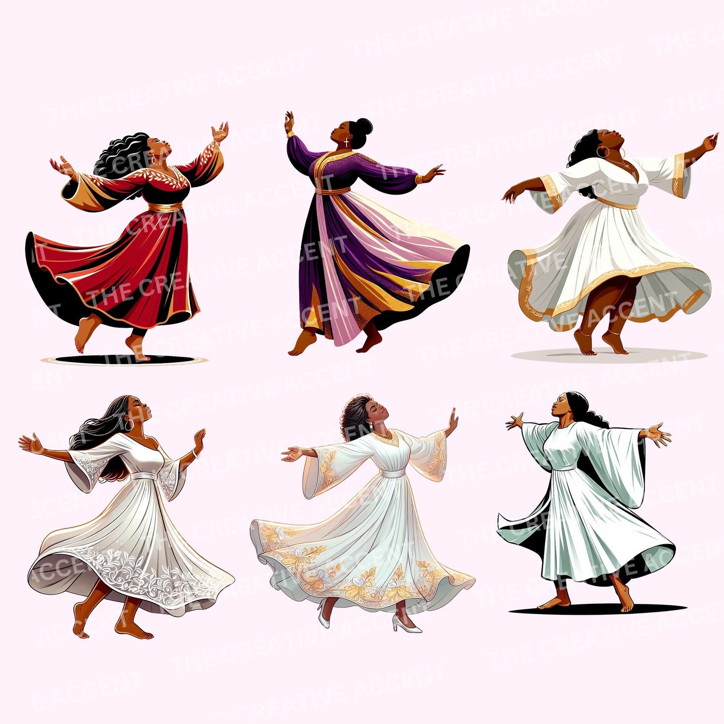 Praise Dancer Clipart, 6 PNG, Black Women Gospel Dress Dancing, Liturgical Dance Show, Church Performance, Worship Flyer, Faith art, Praying