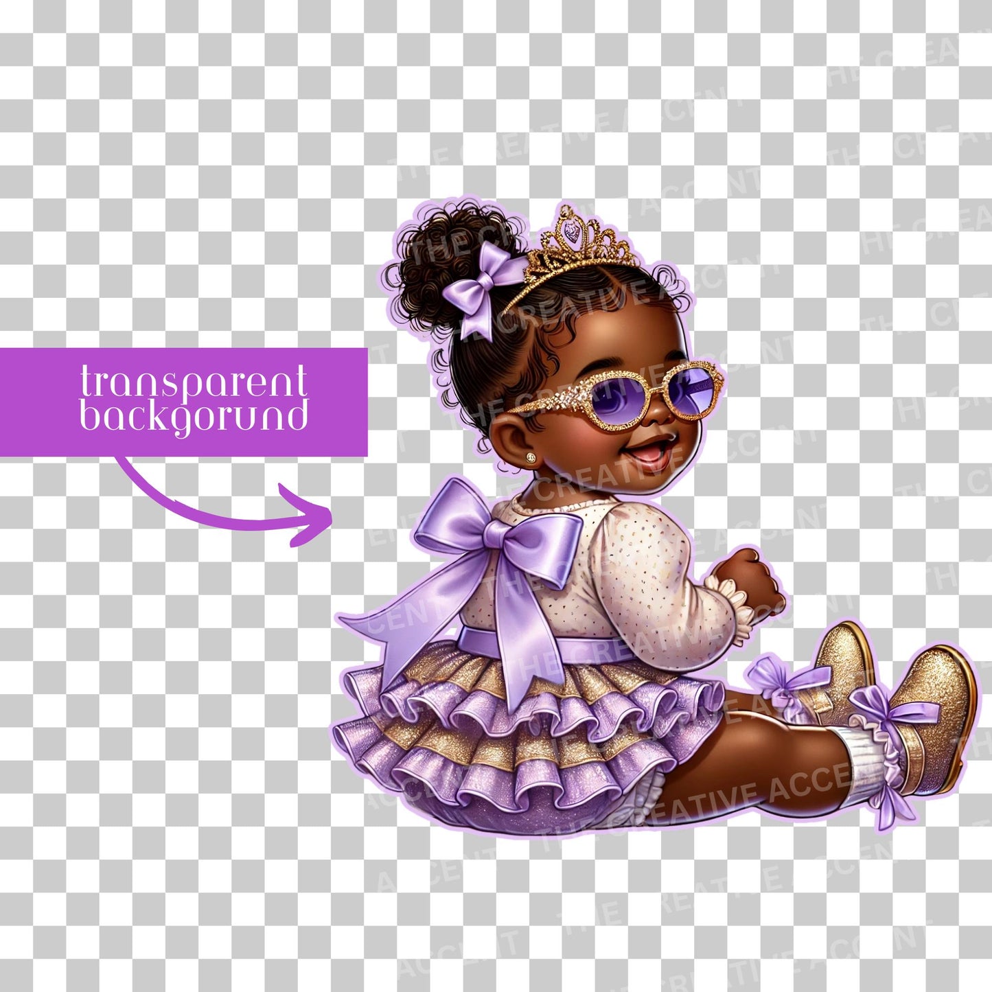 Black Baby Girl Princess in Purple Clipart, 14 PNG,  Gold Tutu Dress, Light Lavender Little Infant in Glitter Ruffles, Cool Baby Shower