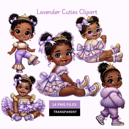 Black Baby Girl Princess in Purple Clipart, 14 PNG,  Gold Tutu Dress, Light Lavender Little Infant in Glitter Ruffles, Cool Baby Shower