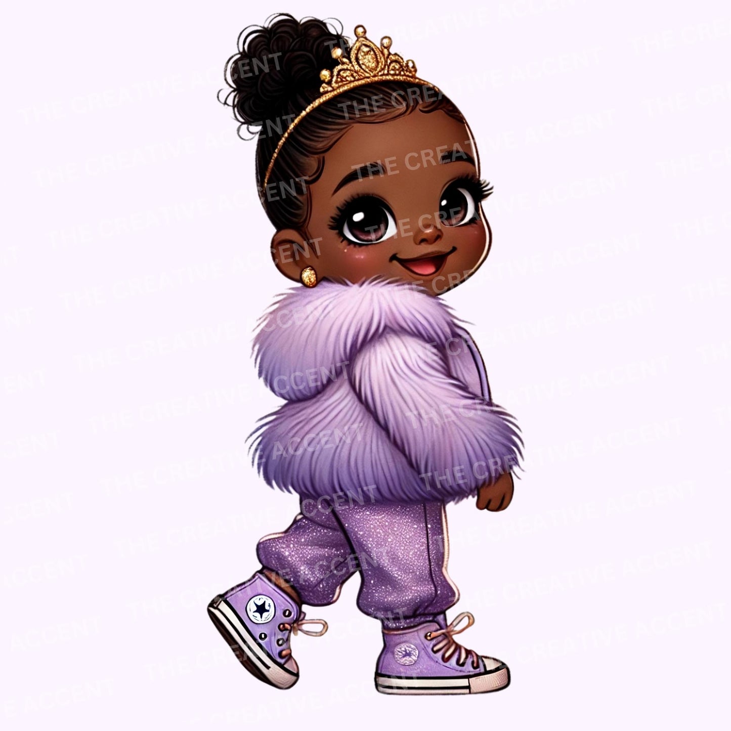 Black Baby Girl Princess in Purple Clipart, 14 PNG,  Gold Tutu Dress, Light Lavender Little Infant in Glitter Ruffles, Cool Baby Shower