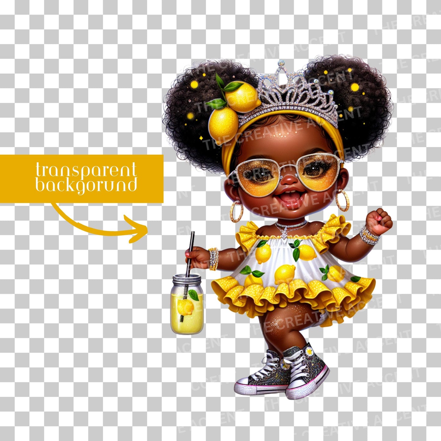 Lemonade Baby Girl Clipart, 14 PNG, Little Black Girl in Lemon Print Outfit Theme, Yellow, Green, Summer Squeeze, Baby Shower Stand Ideas