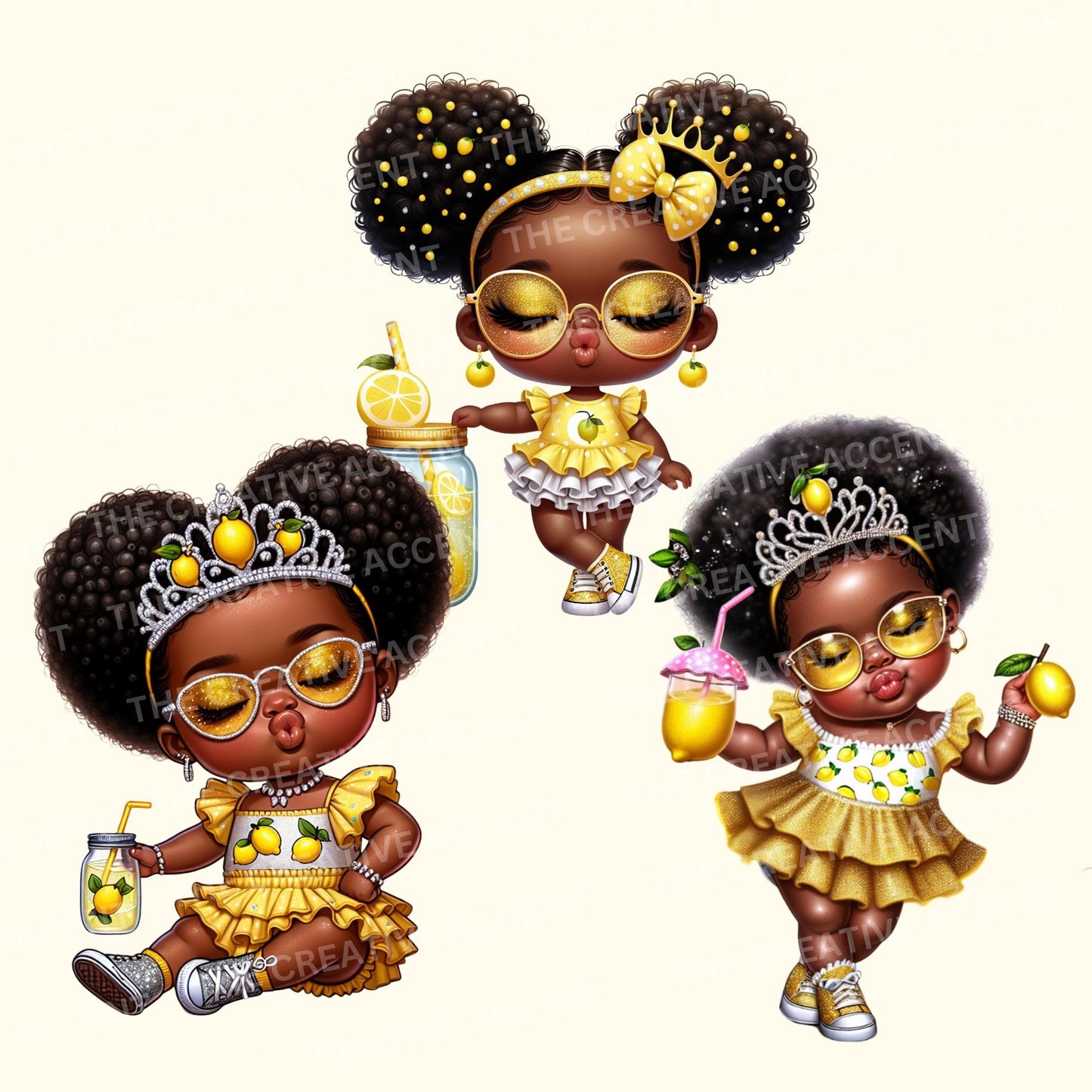 Lemonade Baby Girl Clipart, 14 PNG, Little Black Girl in Lemon Print Outfit Theme, Yellow, Green, Summer Squeeze, Baby Shower Stand Ideas