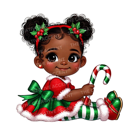Christmas Baby Clipart, 1 PNG, Black Girl in Red Green Gold, Santa, First Holiday Theme Baby Shower Birthday, Little Holding Candy Cane