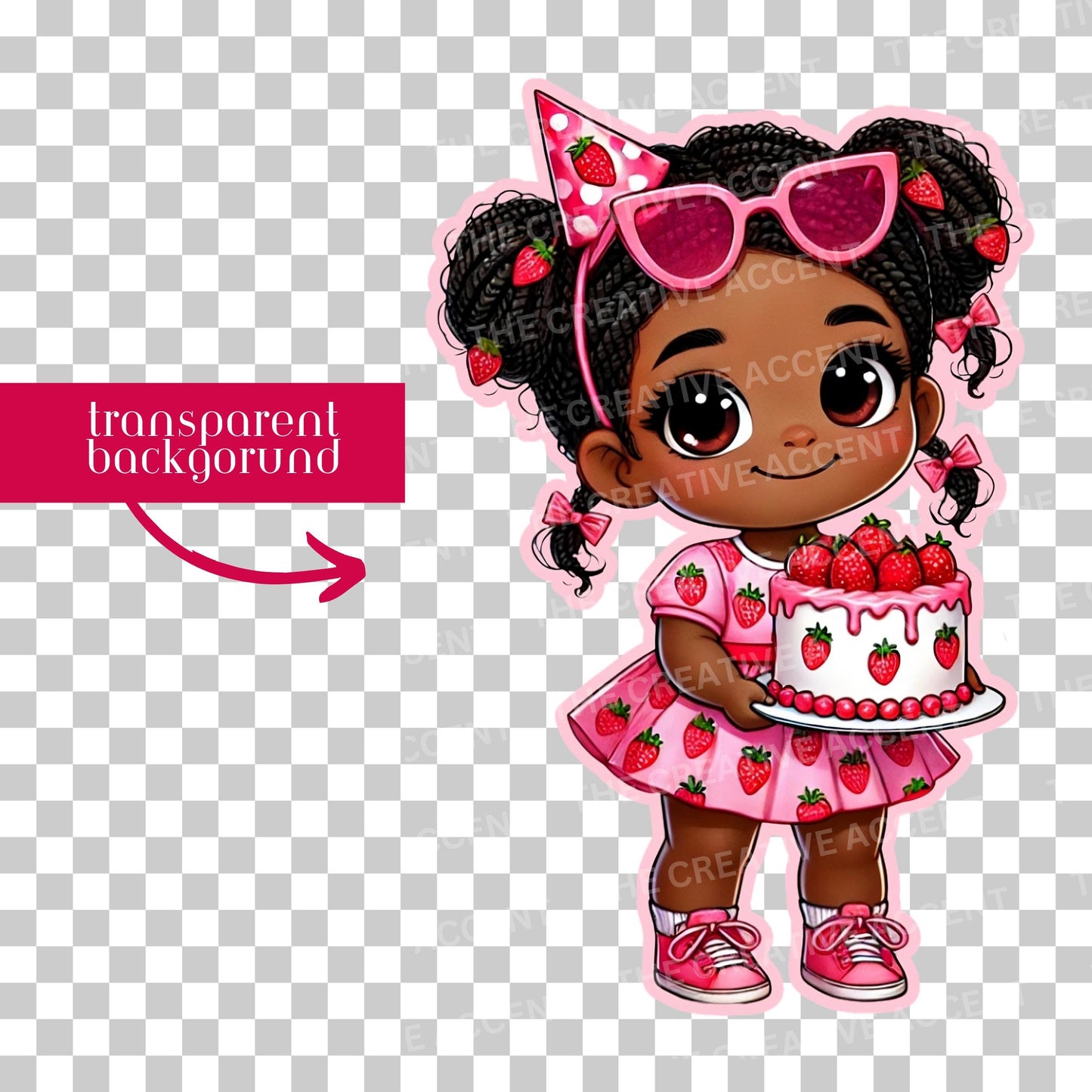 Berry Sweet Birthday Black Girl Clipart, Pink Strawberry, 10 PNG