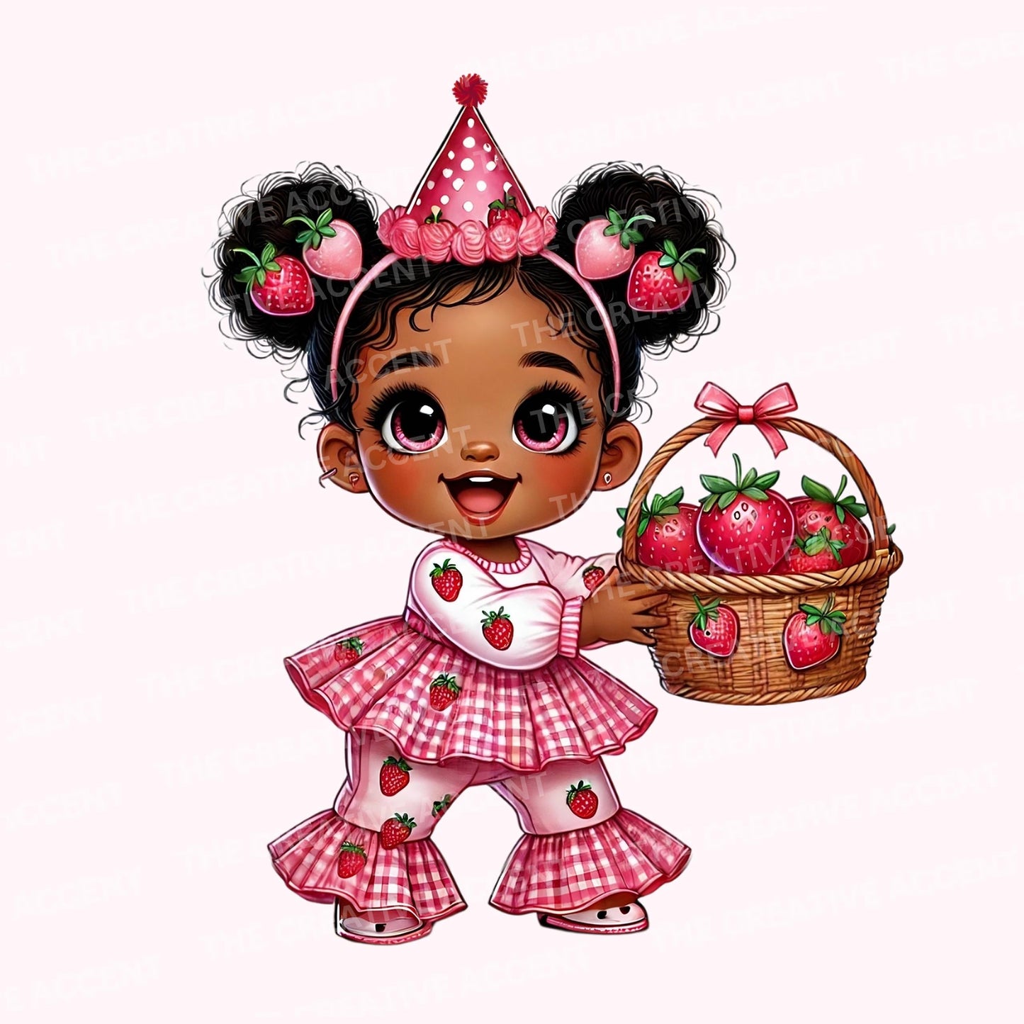 Berry Sweet Birthday Black Girl Clipart, Pink Strawberry, 10 PNG